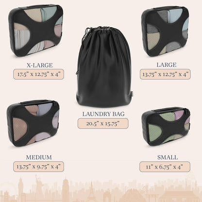 Packing Cubes for Travel with Laundry Bag (Air Black) | Suitcase organizer bags set: 4 water-resistant luggage cubes, XL to Small, + laundry bag for carry-on or checked