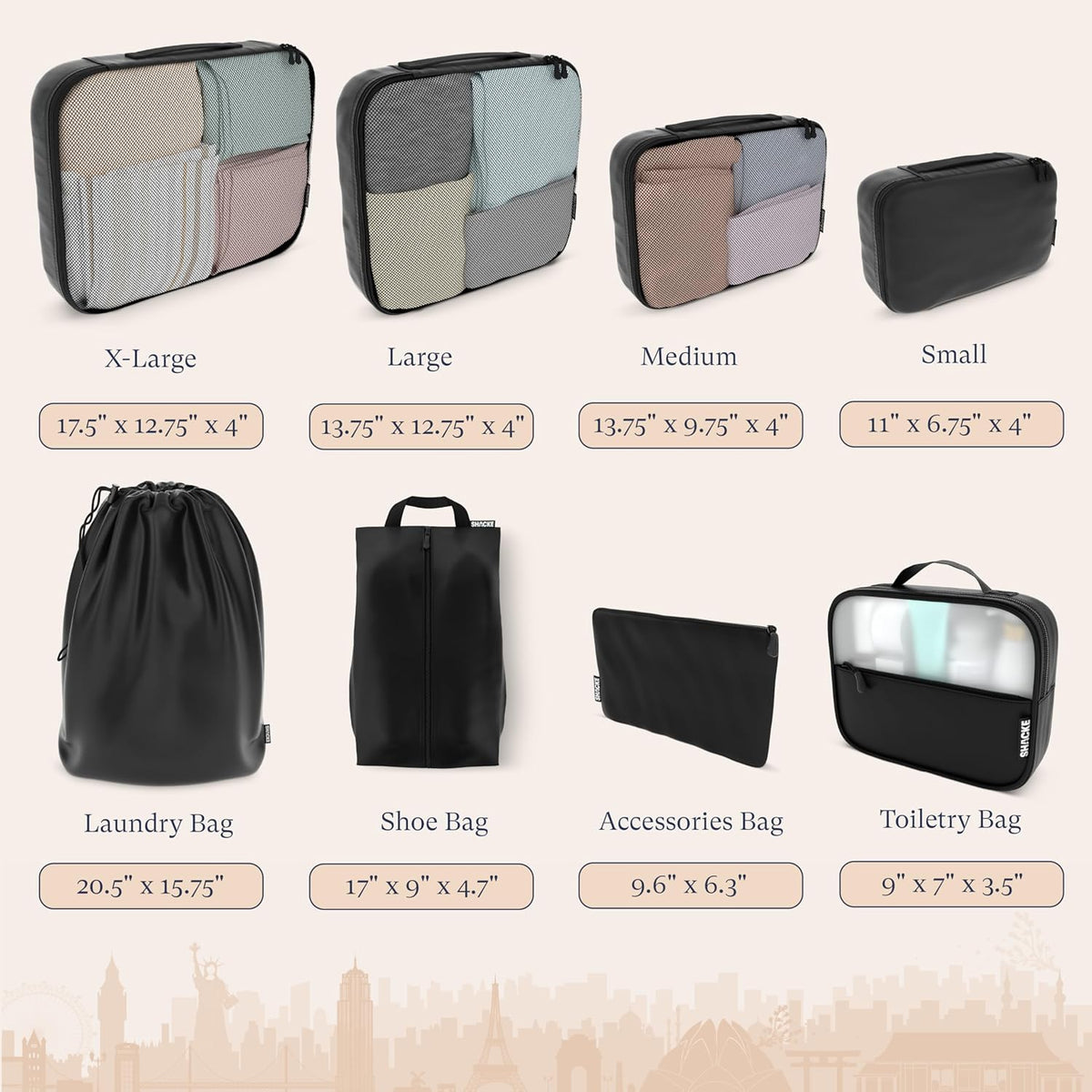 Packing Cubes for Travel with Laundry Bag (Air Black) | Suitcase organizer bags set: 4 water-resistant luggage cubes, XL to Small, + laundry bag for carry-on or checked
