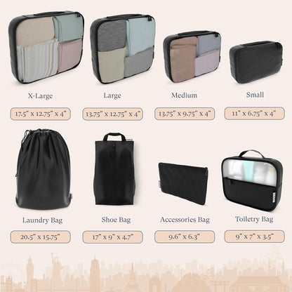 Packing Cubes for Travel with Laundry Bag (Air Black) | Suitcase organizer bags set: 4 water-resistant luggage cubes, XL to Small, + laundry bag for carry-on or checked