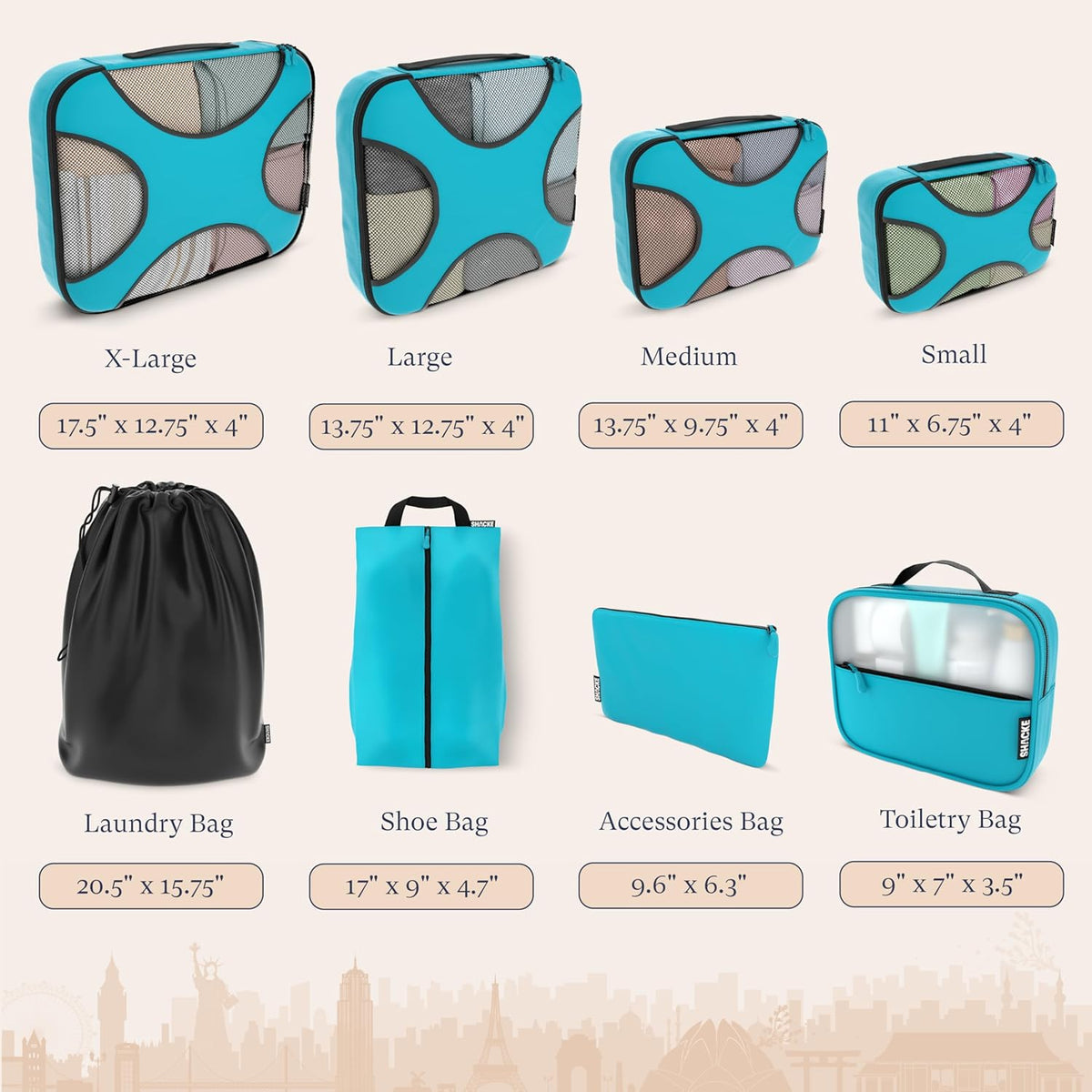 Packing Cubes for Travel with Laundry Bag (Air Black) | Suitcase organizer bags set: 4 water-resistant luggage cubes, XL to Small, + laundry bag for carry-on or checked
