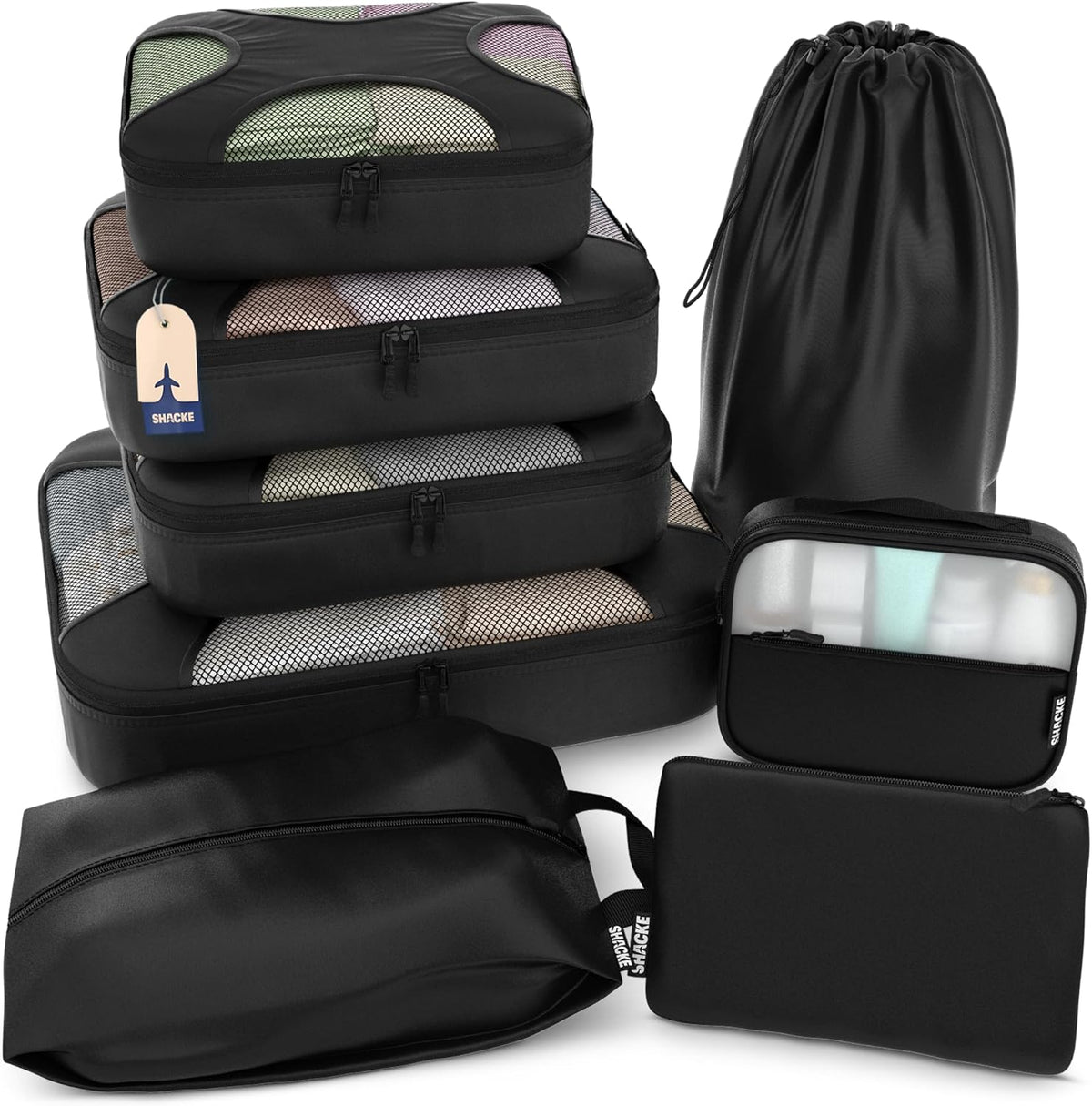 Packing Cubes for Travel with Laundry Bag (Air Black) | Suitcase organizer bags set: 4 water-resistant luggage cubes, XL to Small, + laundry bag for carry-on or checked