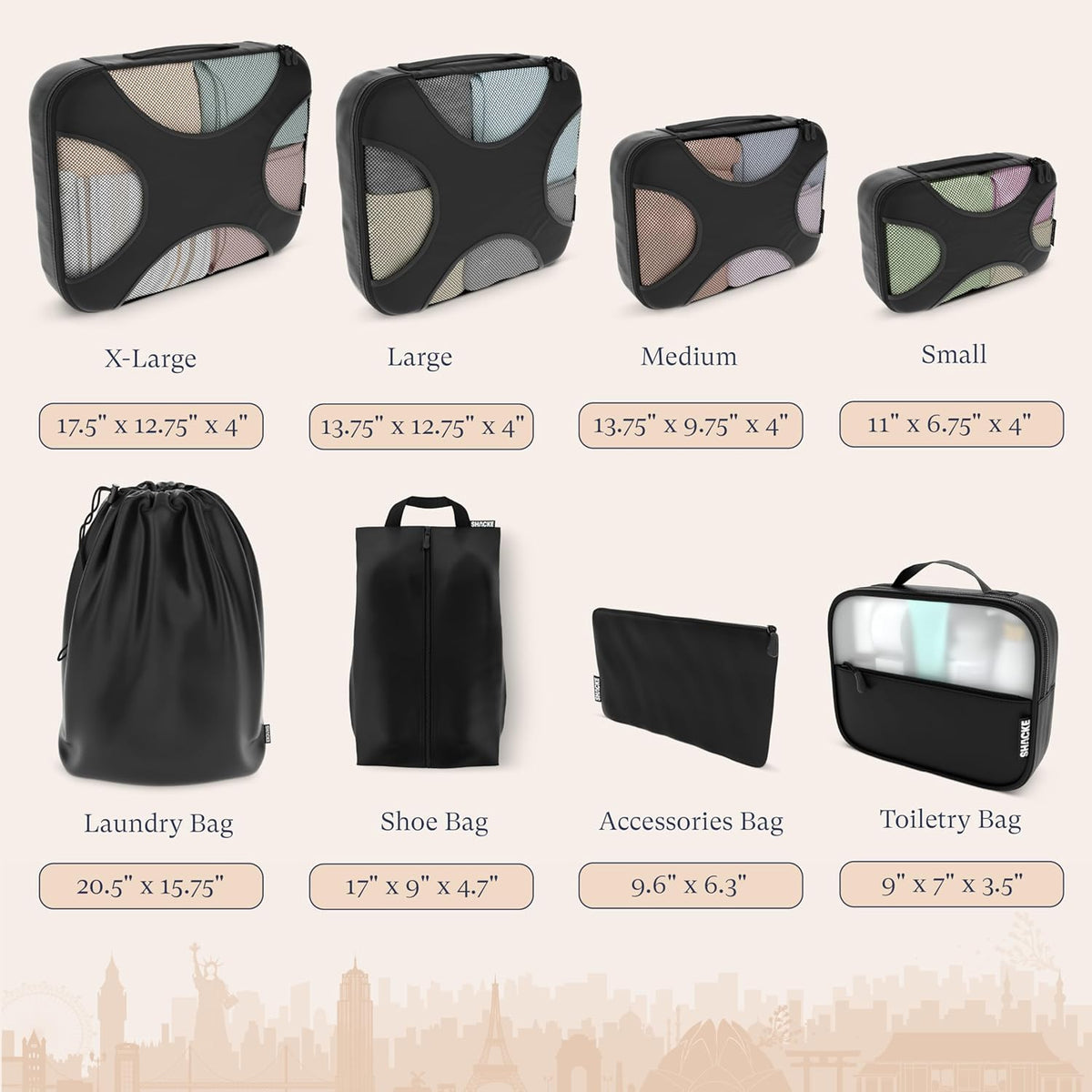 Packing Cubes for Travel with Laundry Bag (Air Black) | Suitcase organizer bags set: 4 water-resistant luggage cubes, XL to Small, + laundry bag for carry-on or checked