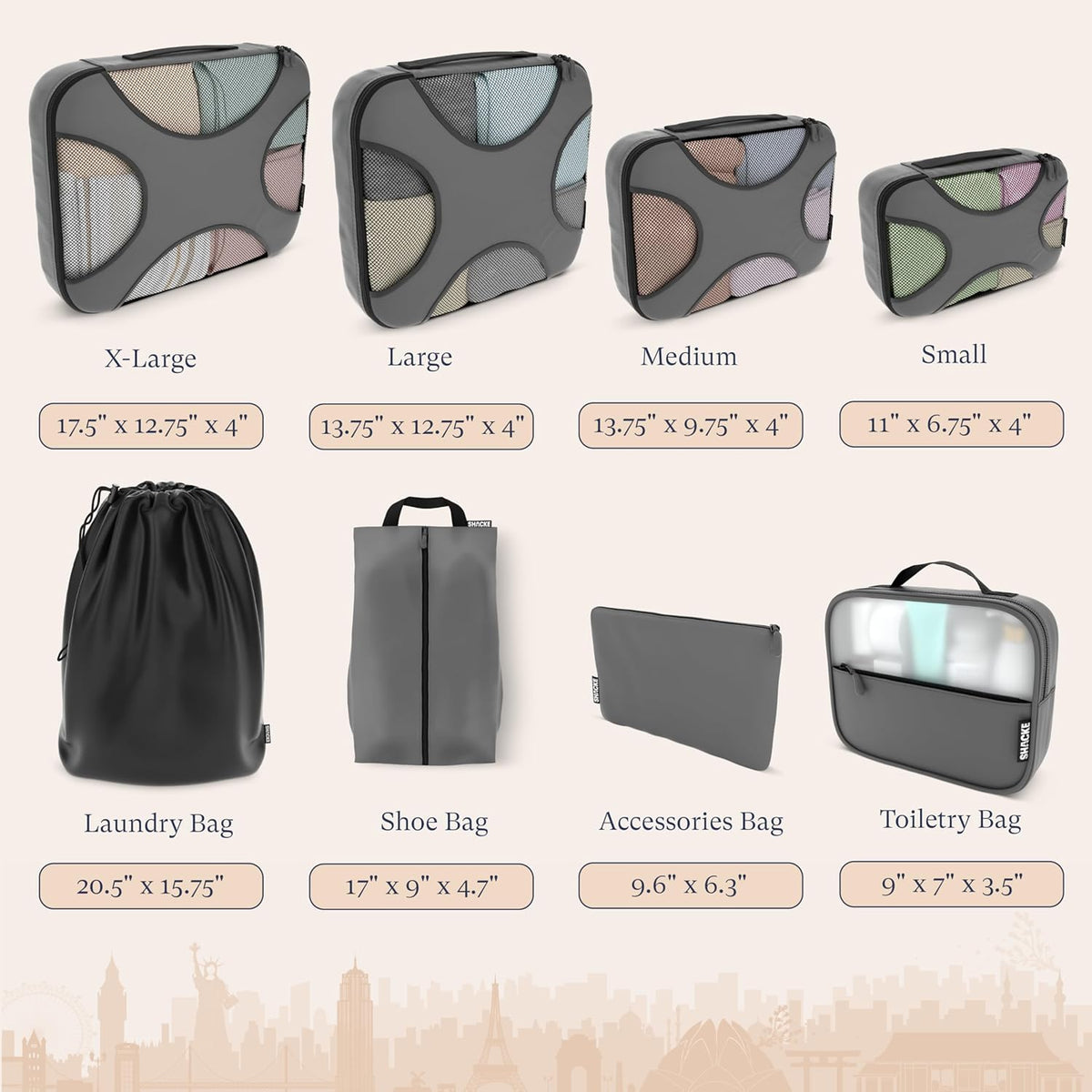 Packing Cubes for Travel with Laundry Bag (Air Black) | Suitcase organizer bags set: 4 water-resistant luggage cubes, XL to Small, + laundry bag for carry-on or checked
