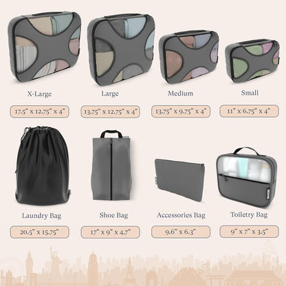 Packing Cubes for Travel with Laundry Bag (Air Black) | Suitcase organizer bags set: 4 water-resistant luggage cubes, XL to Small, + laundry bag for carry-on or checked