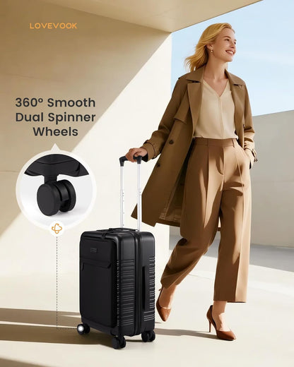 Carry On Luggage 22x14x9 Airline Approved with Detachable Pouch, 21 Inch Hardside Suitcases with Spinner Wheels, Lightweight Carry-on Luggage with TSA Lock for Women Men, 2PCS, Black