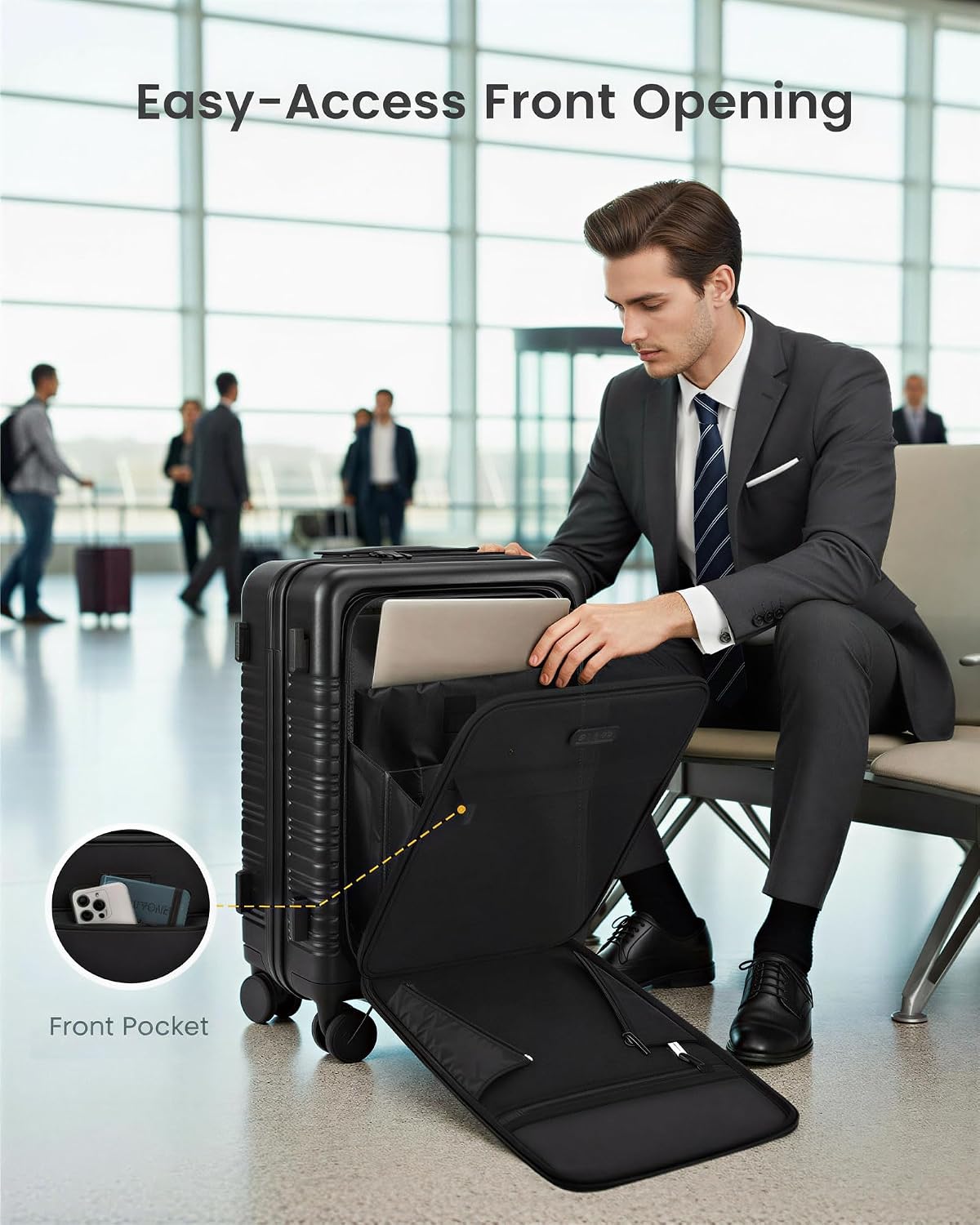 Carry On Luggage 22x14x9 Airline Approved with Detachable Pouch, 21 Inch Hardside Suitcases with Spinner Wheels, Lightweight Carry-on Luggage with TSA Lock for Women Men, 2PCS, Black