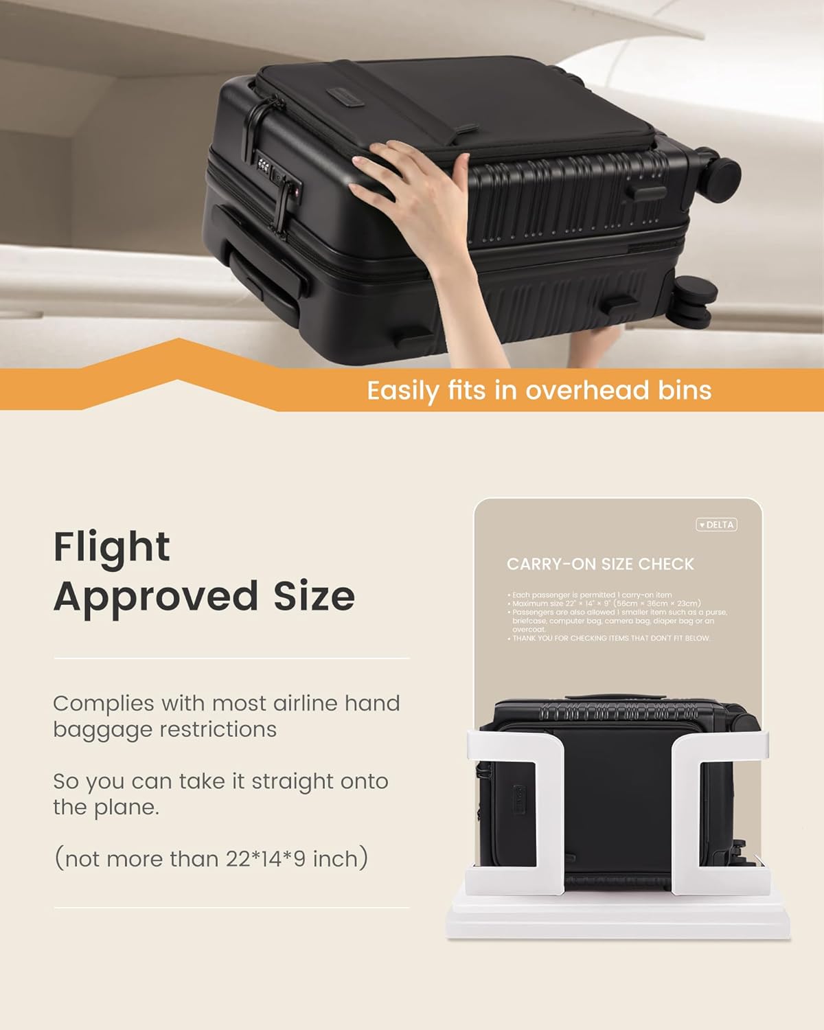 Carry On Luggage 22x14x9 Airline Approved with Detachable Pouch, 21 Inch Hardside Suitcases with Spinner Wheels, Lightweight Carry-on Luggage with TSA Lock for Women Men, 2PCS, Black