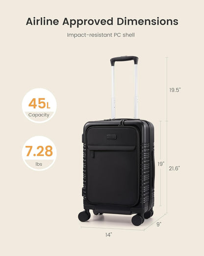 Carry On Luggage 22x14x9 Airline Approved with Detachable Pouch, 21 Inch Hardside Suitcases with Spinner Wheels, Lightweight Carry-on Luggage with TSA Lock for Women Men, 2PCS, Black