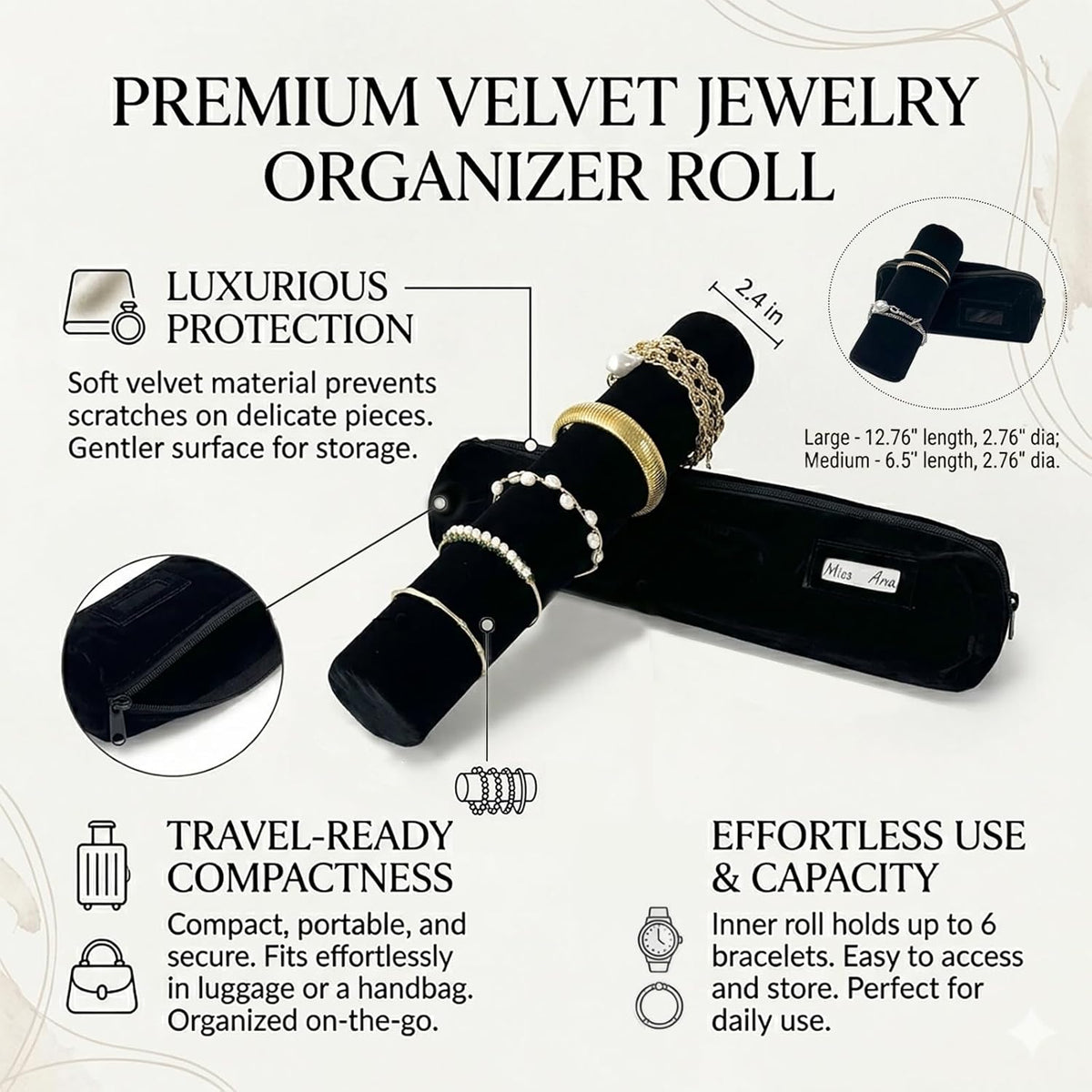 Travel Jewelry Roll, Organizer for Brackets Bangles Watches, Great Jewelry Organizer for Travel, Black (Black, Large)