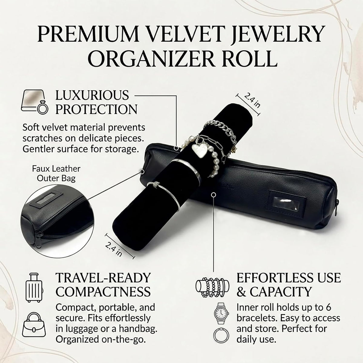 Travel Jewelry Roll, Organizer for Brackets Bangles Watches, Great Jewelry Organizer for Travel, Black (Black, Large)
