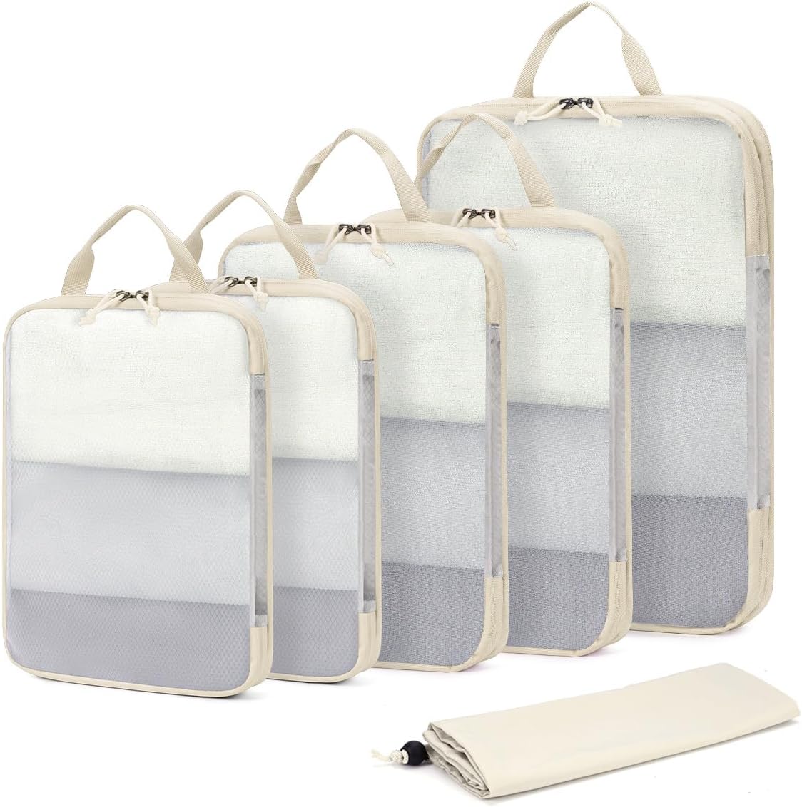 6 Set Compression Packing Cubes, Lightweight Beach Vacation Travel Essentials Durable Travel Accessories for Suitcase Carry On Luggage Organizer Bags with YKK Zippers Shoe Bag, Beige