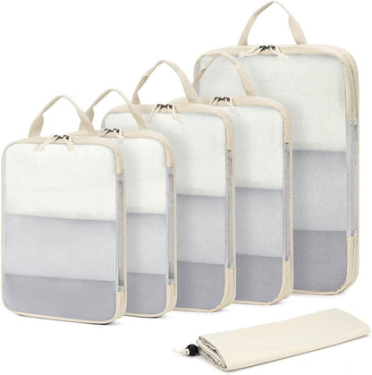 6 Set Compression Packing Cubes, Lightweight Beach Vacation Travel Essentials Durable Travel Accessories for Suitcase Carry On Luggage Organizer Bags with YKK Zippers Shoe Bag, Beige