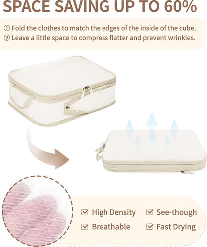6 Set Compression Packing Cubes, Lightweight Beach Vacation Travel Essentials Durable Travel Accessories for Suitcase Carry On Luggage Organizer Bags with YKK Zippers Shoe Bag, Beige