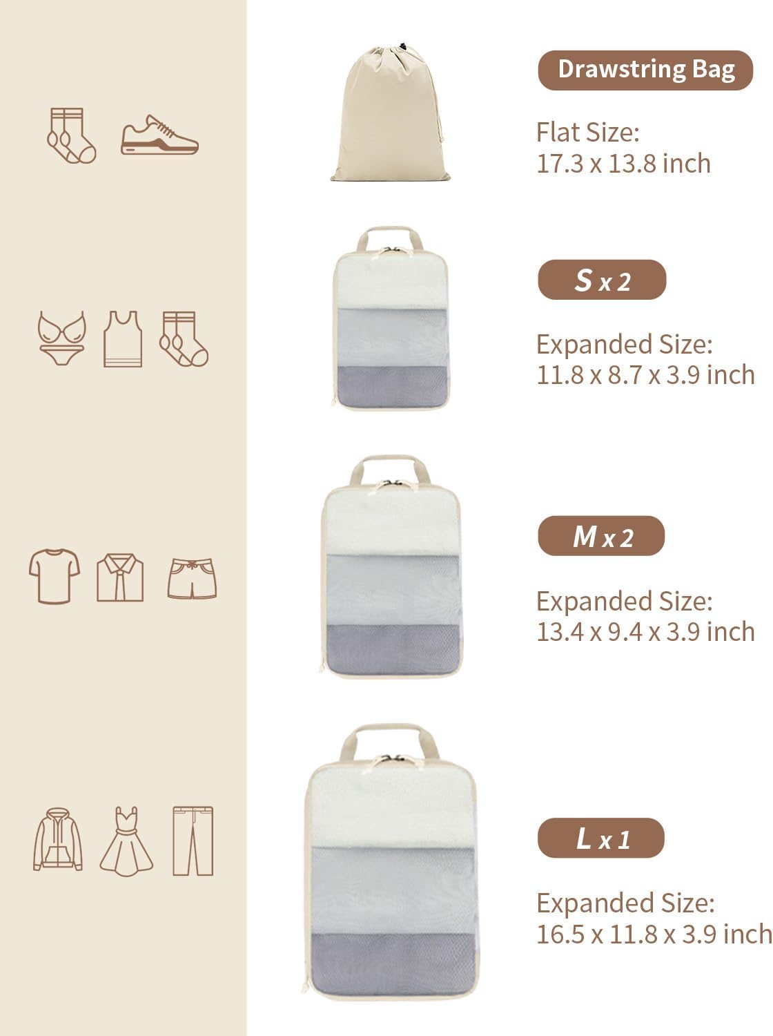 6 Set Compression Packing Cubes, Lightweight Beach Vacation Travel Essentials Durable Travel Accessories for Suitcase Carry On Luggage Organizer Bags with YKK Zippers Shoe Bag, Beige