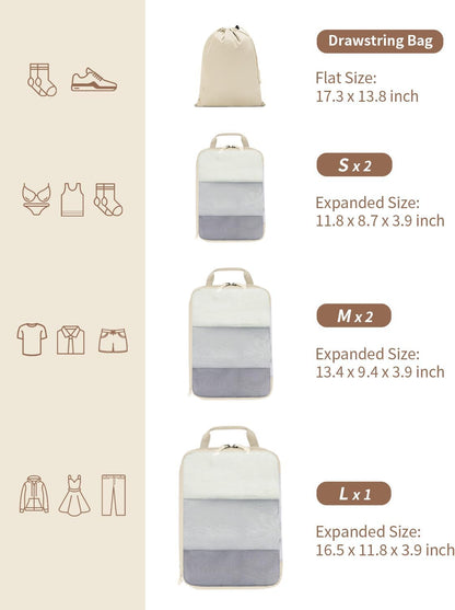 6 Set Compression Packing Cubes, Lightweight Beach Vacation Travel Essentials Durable Travel Accessories for Suitcase Carry On Luggage Organizer Bags with YKK Zippers Shoe Bag, Beige