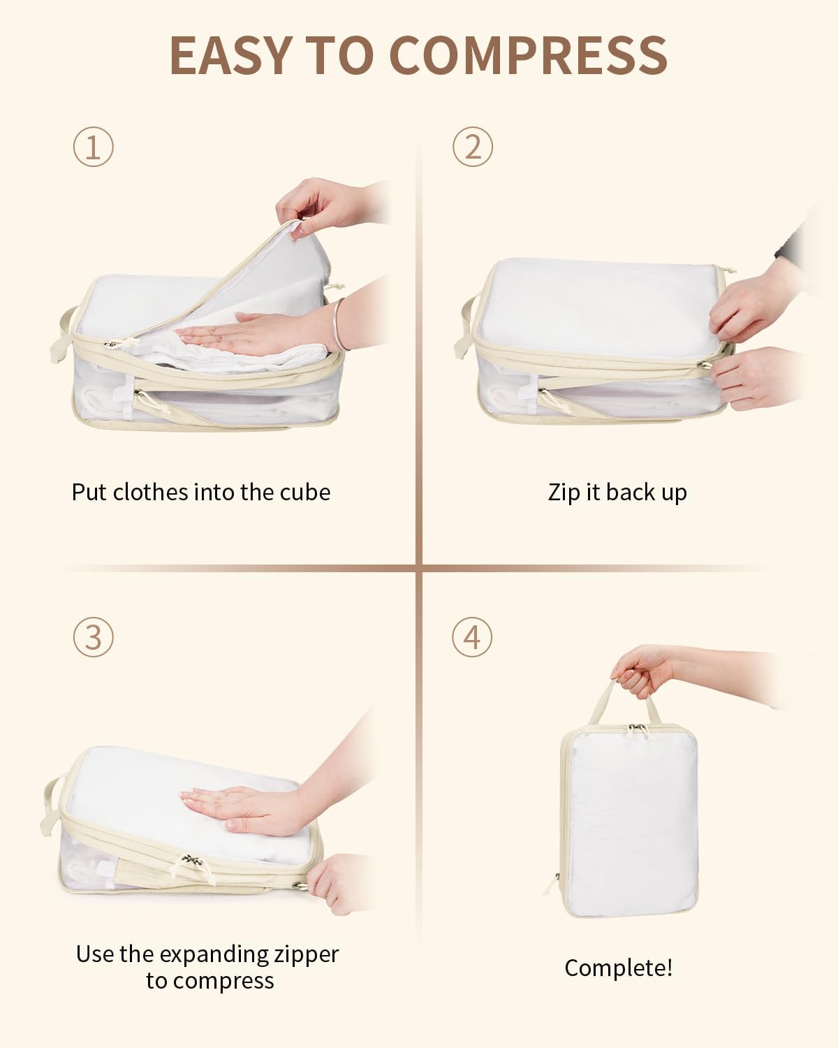 6 Set Compression Packing Cubes, Lightweight Beach Vacation Travel Essentials Durable Travel Accessories for Suitcase Carry On Luggage Organizer Bags with YKK Zippers Shoe Bag, Beige