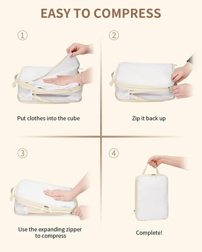6 Set Compression Packing Cubes, Lightweight Beach Vacation Travel Essentials Durable Travel Accessories for Suitcase Carry On Luggage Organizer Bags with YKK Zippers Shoe Bag, Beige