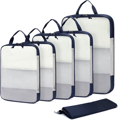 6 Set Compression Packing Cubes, Lightweight Beach Vacation Travel Essentials Durable Travel Accessories for Suitcase Carry On Luggage Organizer Bags with YKK Zippers Shoe Bag, Beige