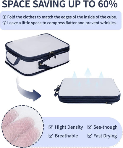 6 Set Compression Packing Cubes, Lightweight Beach Vacation Travel Essentials Durable Travel Accessories for Suitcase Carry On Luggage Organizer Bags with YKK Zippers Shoe Bag, Beige