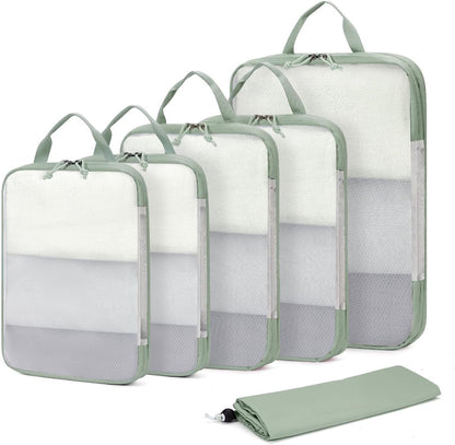 6 Set Compression Packing Cubes, Lightweight Beach Vacation Travel Essentials Durable Travel Accessories for Suitcase Carry On Luggage Organizer Bags with YKK Zippers Shoe Bag, Beige