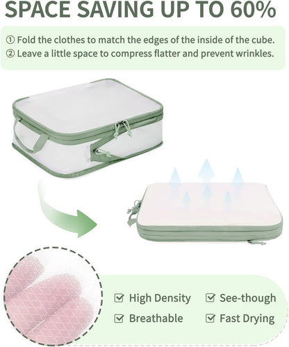 6 Set Compression Packing Cubes, Lightweight Beach Vacation Travel Essentials Durable Travel Accessories for Suitcase Carry On Luggage Organizer Bags with YKK Zippers Shoe Bag, Beige
