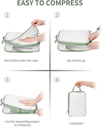 6 Set Compression Packing Cubes, Lightweight Beach Vacation Travel Essentials Durable Travel Accessories for Suitcase Carry On Luggage Organizer Bags with YKK Zippers Shoe Bag, Beige