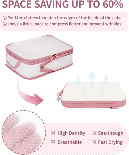 6 Set Compression Packing Cubes, Lightweight Beach Vacation Travel Essentials Durable Travel Accessories for Suitcase Carry On Luggage Organizer Bags with YKK Zippers Shoe Bag, Beige