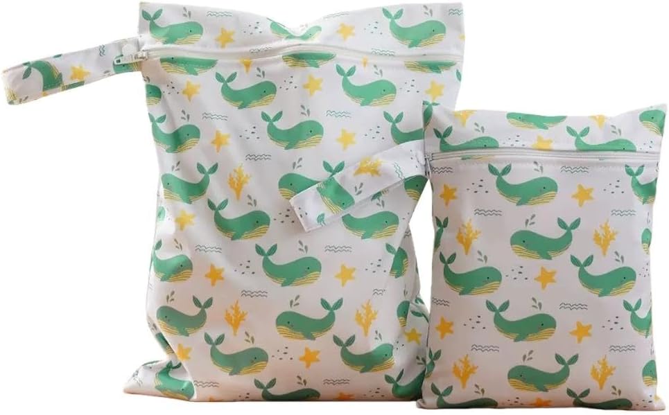 2 Sizes Wet Bags, Waterproof Storage Bag for Baby Diapers and Pump Parts, Reusable Diaper Bag with Zippered Pockets and Handle, Travel Bags, Beach, Pool, Gym Bag for Swimsuits & Wet Clothes, Set of 2