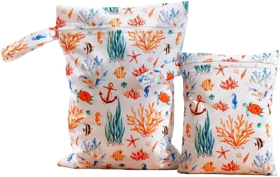 2 Sizes Wet Bags, Waterproof Storage Bag for Baby Diapers and Pump Parts, Reusable Diaper Bag with Zippered Pockets and Handle, Travel Bags, Beach, Pool, Gym Bag for Swimsuits & Wet Clothes, Set of 2