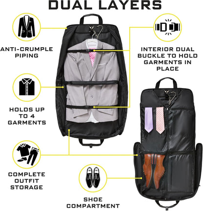 Premium Suit Garment Bag Carry On - Hangs 4 Suits - Travel & Business with Shoulder Strap and Laptop Compartment