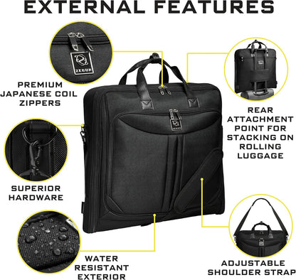 Premium Suit Garment Bag Carry On - Hangs 4 Suits - Travel & Business with Shoulder Strap and Laptop Compartment