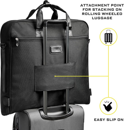 Premium Suit Garment Bag Carry On - Hangs 4 Suits - Travel & Business with Shoulder Strap and Laptop Compartment