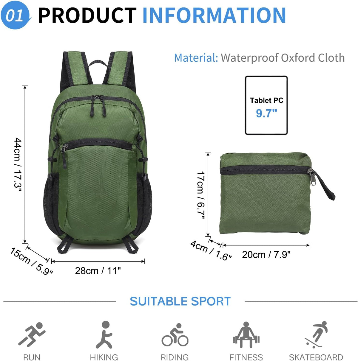 Hiking Daypack Packable, Camping Backpack Water Resistant Lightweight Polyester for Men Women Travel Outdoor