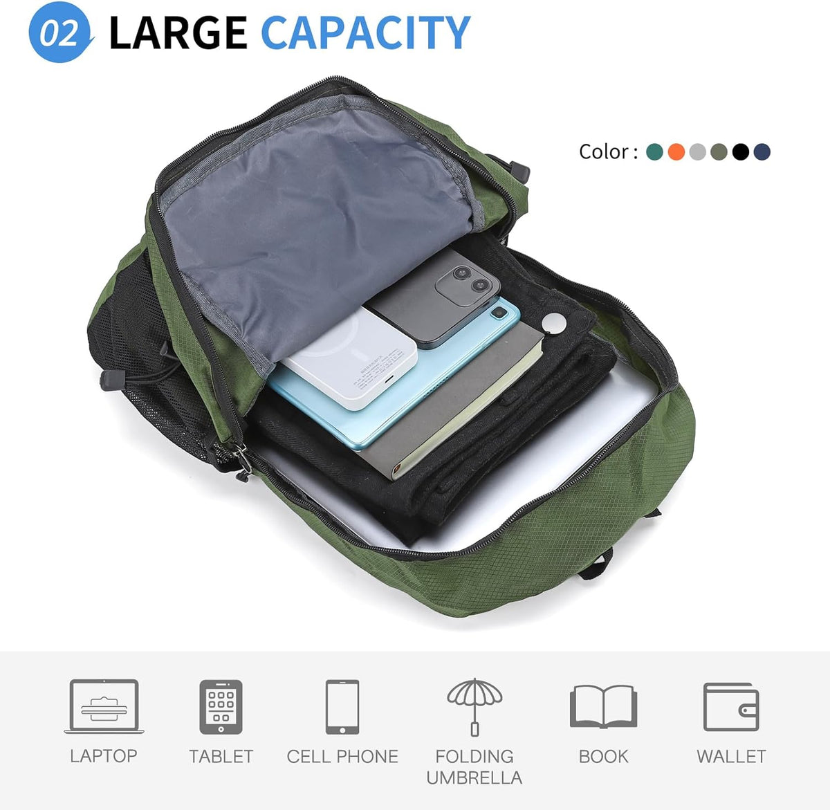 Hiking Daypack Packable, Camping Backpack Water Resistant Lightweight Polyester for Men Women Travel Outdoor