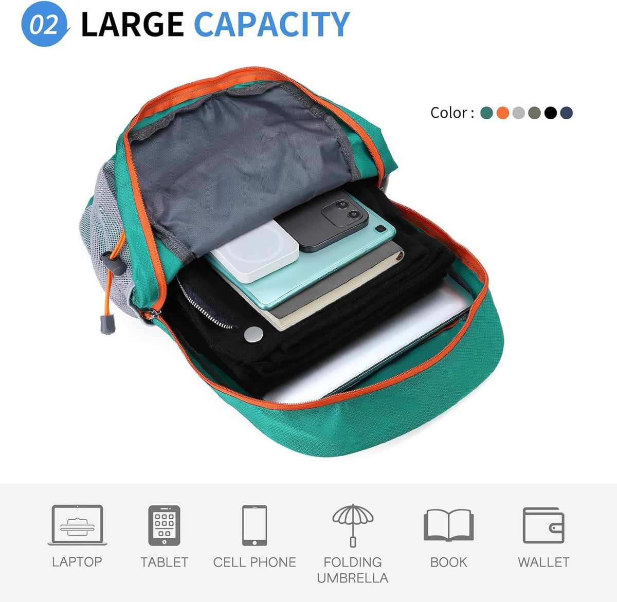 Hiking Daypack Packable, Camping Backpack Water Resistant Lightweight Polyester for Men Women Travel Outdoor