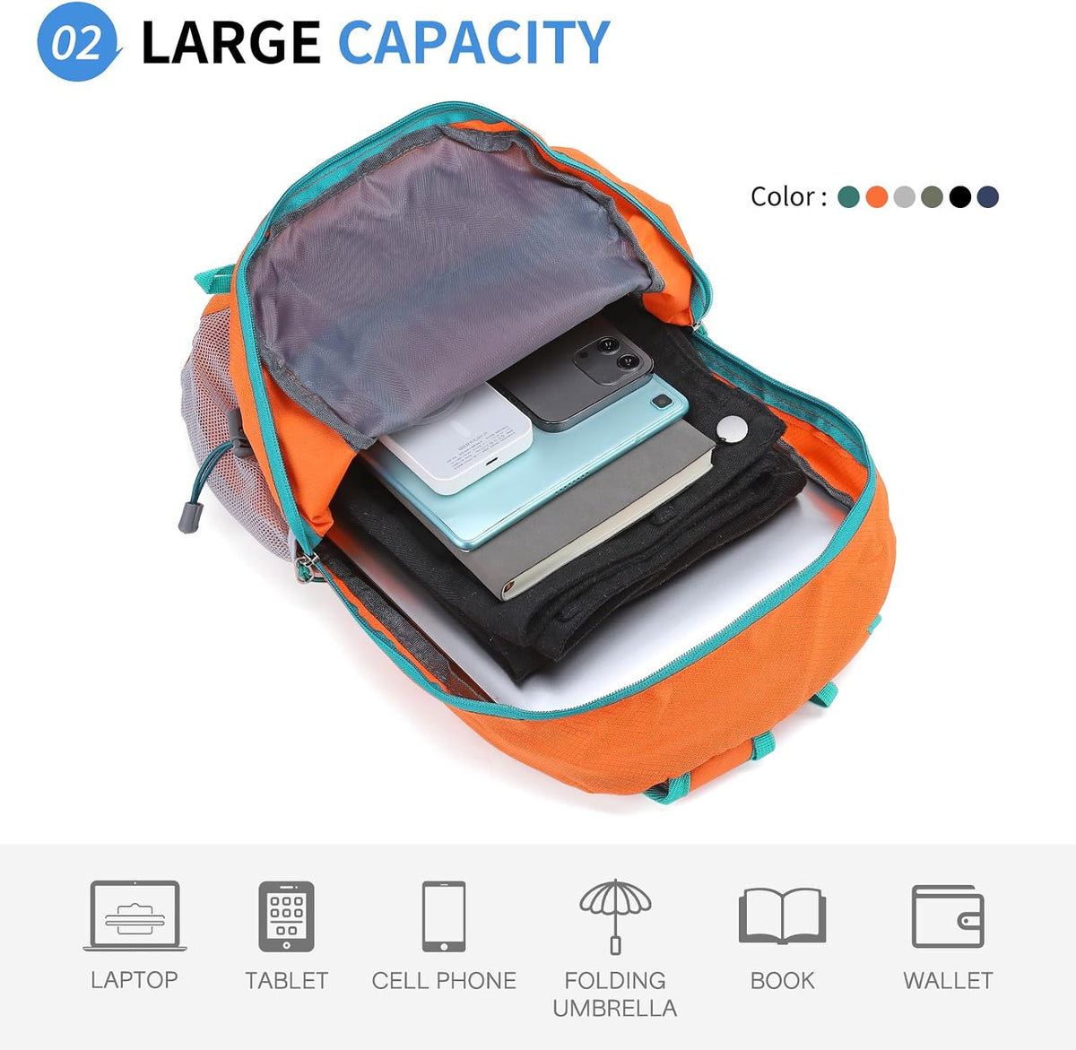 Hiking Daypack Packable, Camping Backpack Water Resistant Lightweight Polyester for Men Women Travel Outdoor