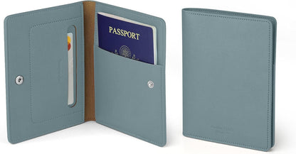 Premium RFID Blocking Leather Passport Holder & Wallet – Fog Blue | Family Travel Document Organizer – for 2 Passports, Cards, Boarding Passes & Travel Essentials