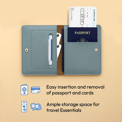 Premium RFID Blocking Leather Passport Holder & Wallet – Fog Blue | Family Travel Document Organizer – for 2 Passports, Cards, Boarding Passes & Travel Essentials
