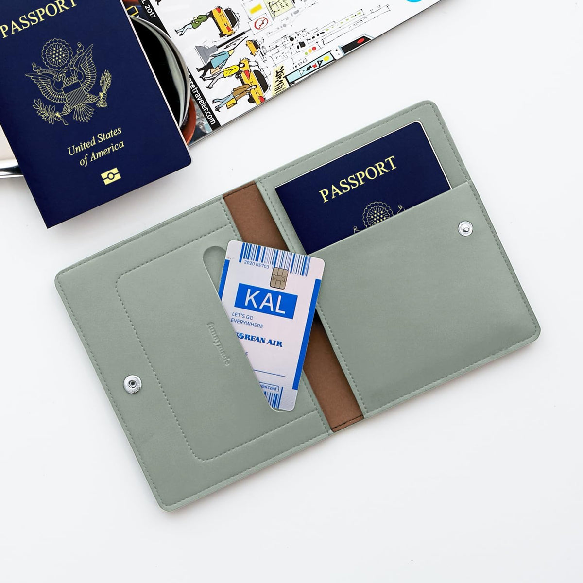 Premium RFID Blocking Leather Passport Holder & Wallet – Fog Blue | Family Travel Document Organizer – for 2 Passports, Cards, Boarding Passes & Travel Essentials