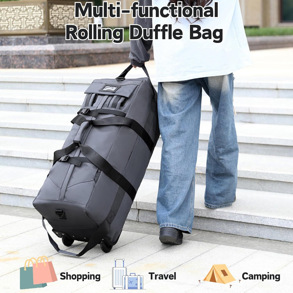 Rolling Duffle Bag with Wheels, 80L 28” Folding Duffle Backpack Soft-Sided with 2 Wheels, 6-way Carry-On Large Travel Bag Men/Women Multiple Pockets for Long Trip, Black