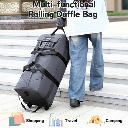 Rolling Duffle Bag with Wheels, 80L 28” Folding Duffle Backpack Soft-Sided with 2 Wheels, 6-way Carry-On Large Travel Bag Men/Women Multiple Pockets for Long Trip, Black