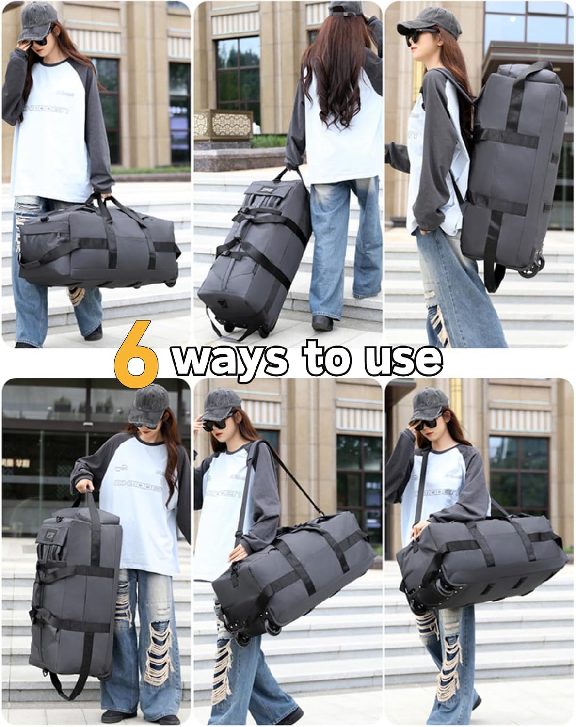 Rolling Duffle Bag with Wheels, 80L 28” Folding Duffle Backpack Soft-Sided with 2 Wheels, 6-way Carry-On Large Travel Bag Men/Women Multiple Pockets for Long Trip, Black