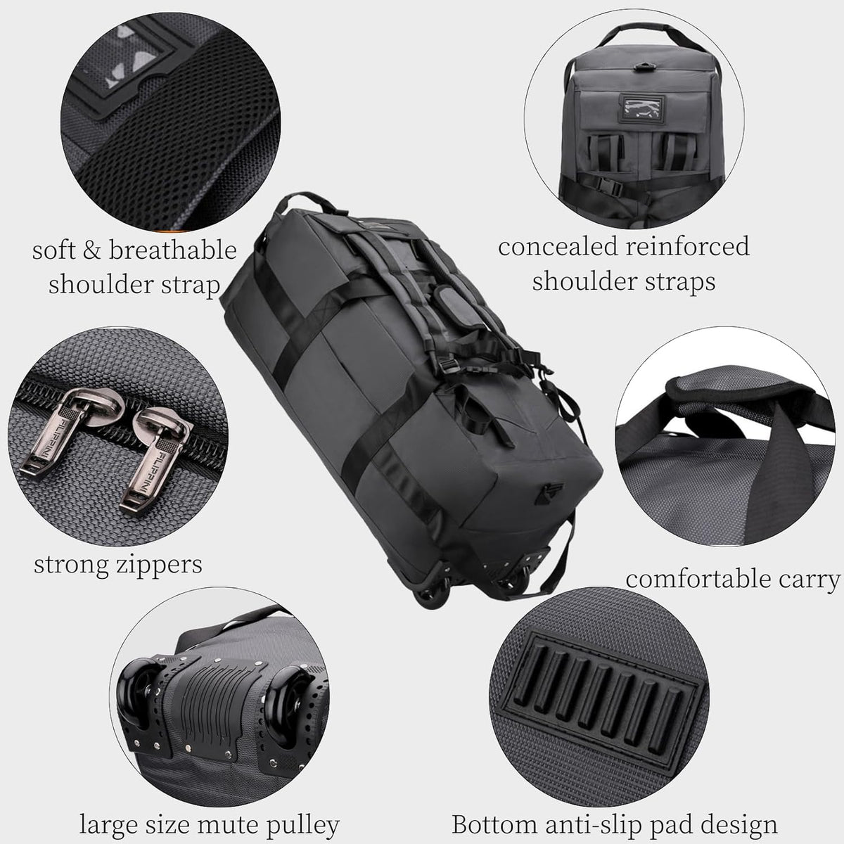 Rolling Duffle Bag with Wheels, 80L 28” Folding Duffle Backpack Soft-Sided with 2 Wheels, 6-way Carry-On Large Travel Bag Men/Women Multiple Pockets for Long Trip, Black