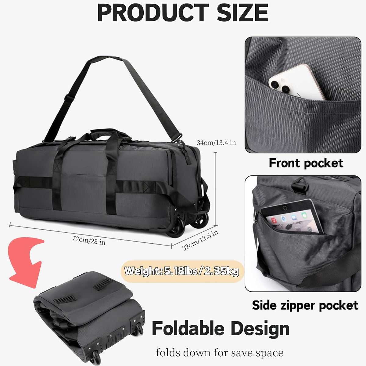 Rolling Duffle Bag with Wheels, 80L 28” Folding Duffle Backpack Soft-Sided with 2 Wheels, 6-way Carry-On Large Travel Bag Men/Women Multiple Pockets for Long Trip, Black