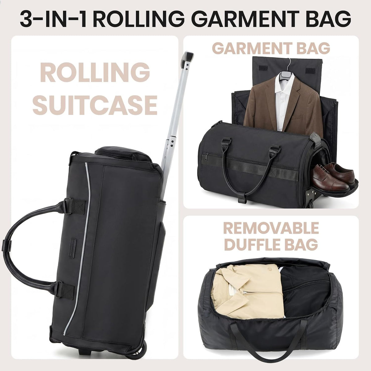 Carry On Rolling Garment Bag With Wheels, TSA Approved Airline Compliant Suit Luggage, Convertible Wrinkle-Free Garment Duffle Bag For Travel, Business & Wedding Suit Carrier Weekender(Black)