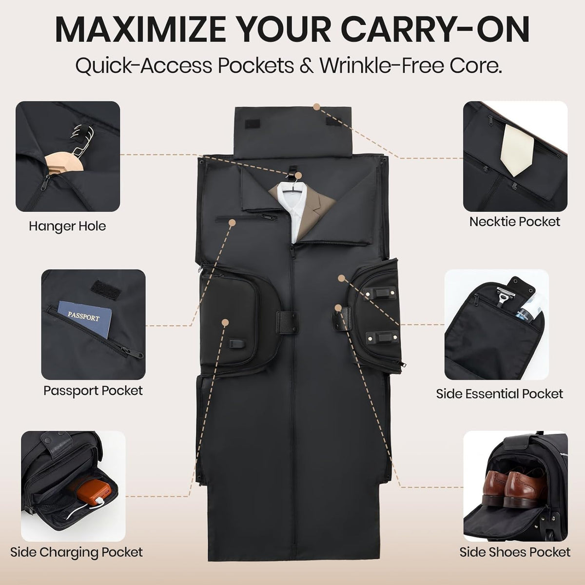 Carry On Rolling Garment Bag With Wheels, TSA Approved Airline Compliant Suit Luggage, Convertible Wrinkle-Free Garment Duffle Bag For Travel, Business & Wedding Suit Carrier Weekender(Black)