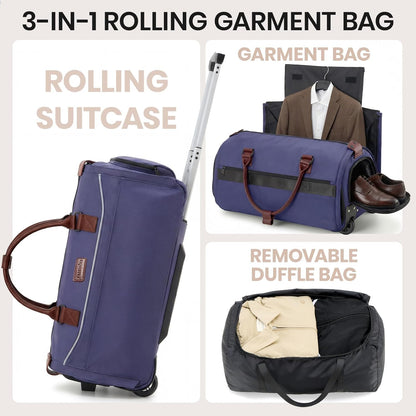 Carry On Rolling Garment Bag With Wheels, TSA Approved Airline Compliant Suit Luggage, Convertible Wrinkle-Free Garment Duffle Bag For Travel, Business & Wedding Suit Carrier Weekender(Black)