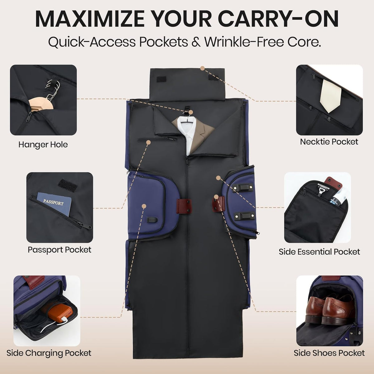 Carry On Rolling Garment Bag With Wheels, TSA Approved Airline Compliant Suit Luggage, Convertible Wrinkle-Free Garment Duffle Bag For Travel, Business & Wedding Suit Carrier Weekender(Black)