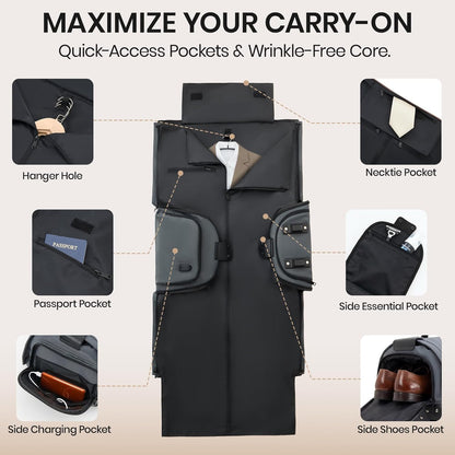 Carry On Rolling Garment Bag With Wheels, TSA Approved Airline Compliant Suit Luggage, Convertible Wrinkle-Free Garment Duffle Bag For Travel, Business & Wedding Suit Carrier Weekender(Black)