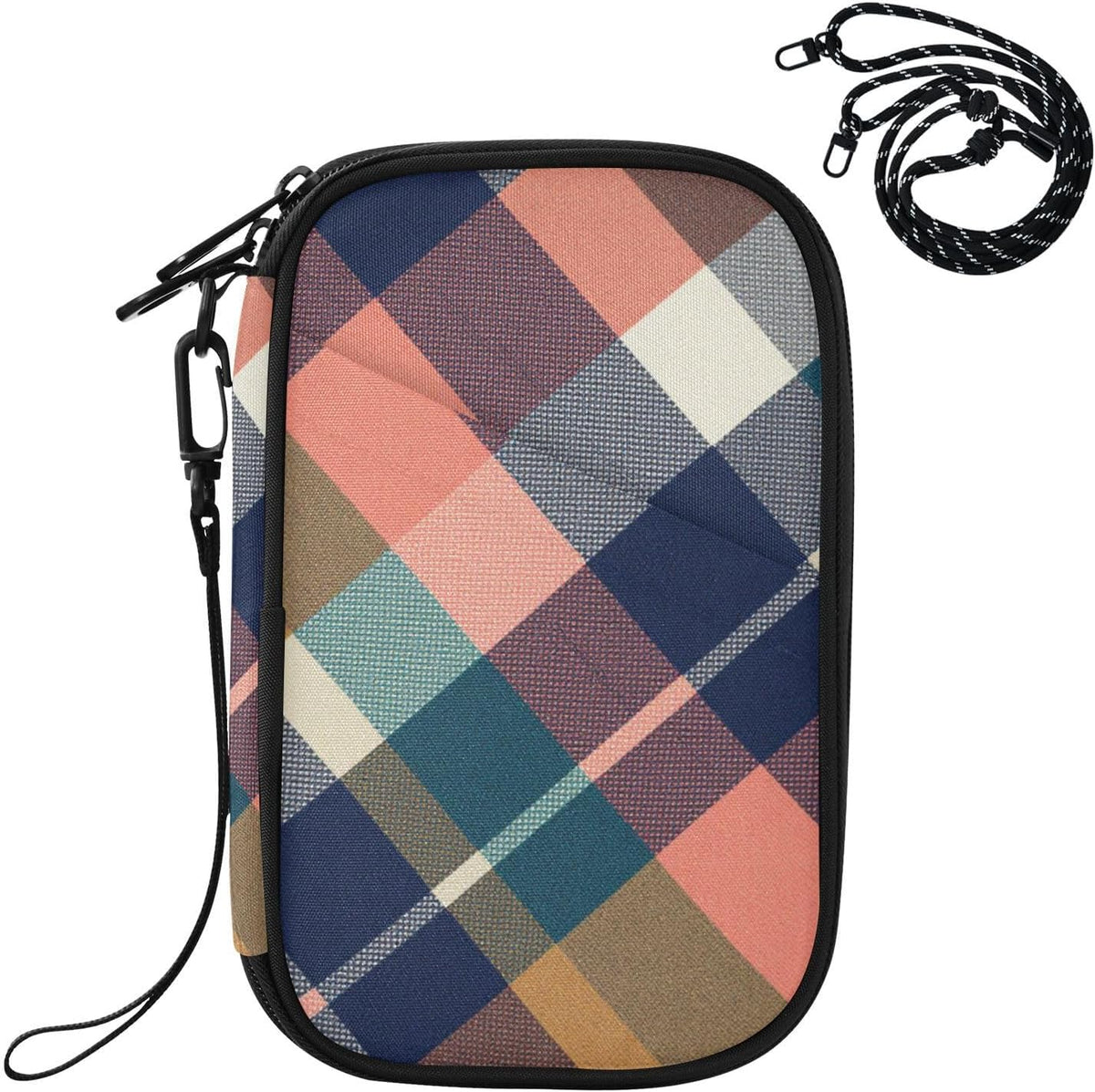 Travel Doc Organizer 21×14×3 CM | Scratch Resistant Polyester Full Print Detachable Strap for Men Women Travel Navy Orange Plaid